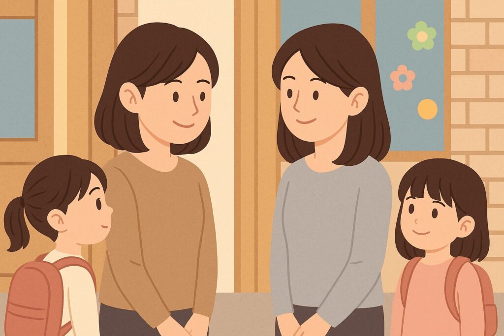 転園する親子に別れの言葉を告げるママ
